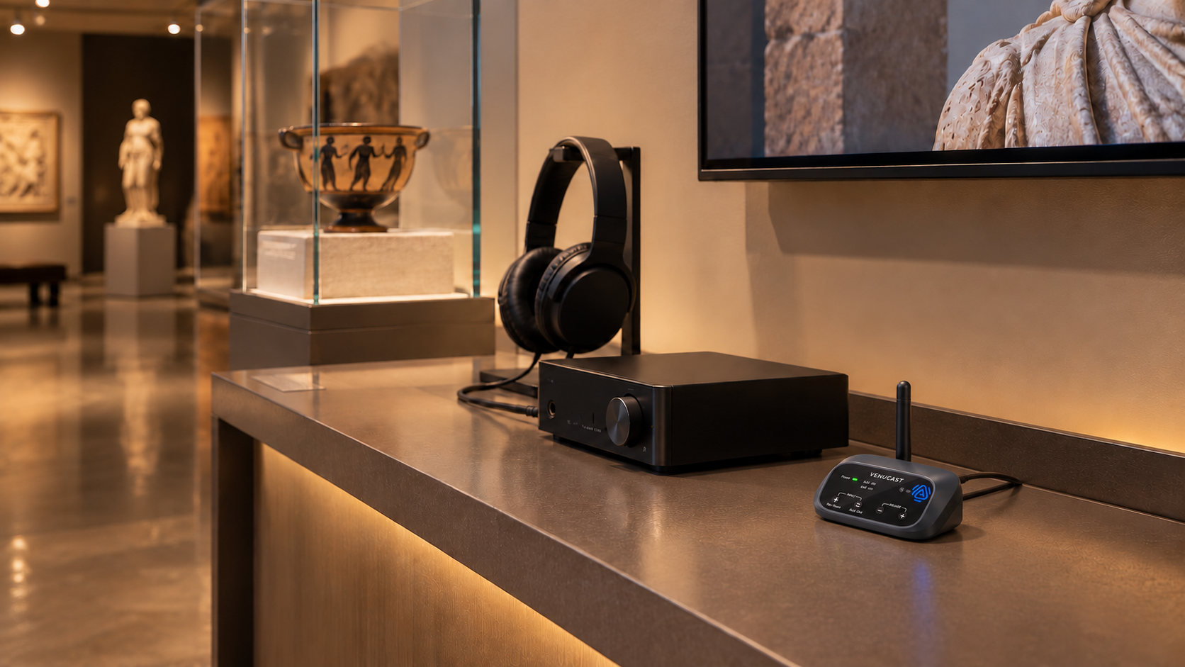 Palm-sized Oasis Aura integrated into a museum exhibit audio console