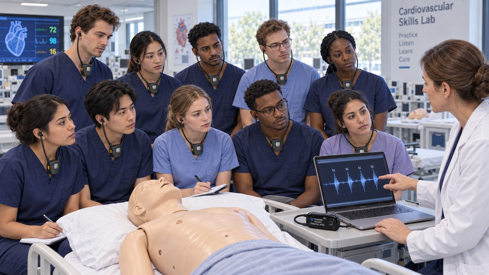 Ten medical students wearing Auraband receivers while an instructor plays heart sounds from a laptop connected to a Voyager transmitter beside a simulation mannequin