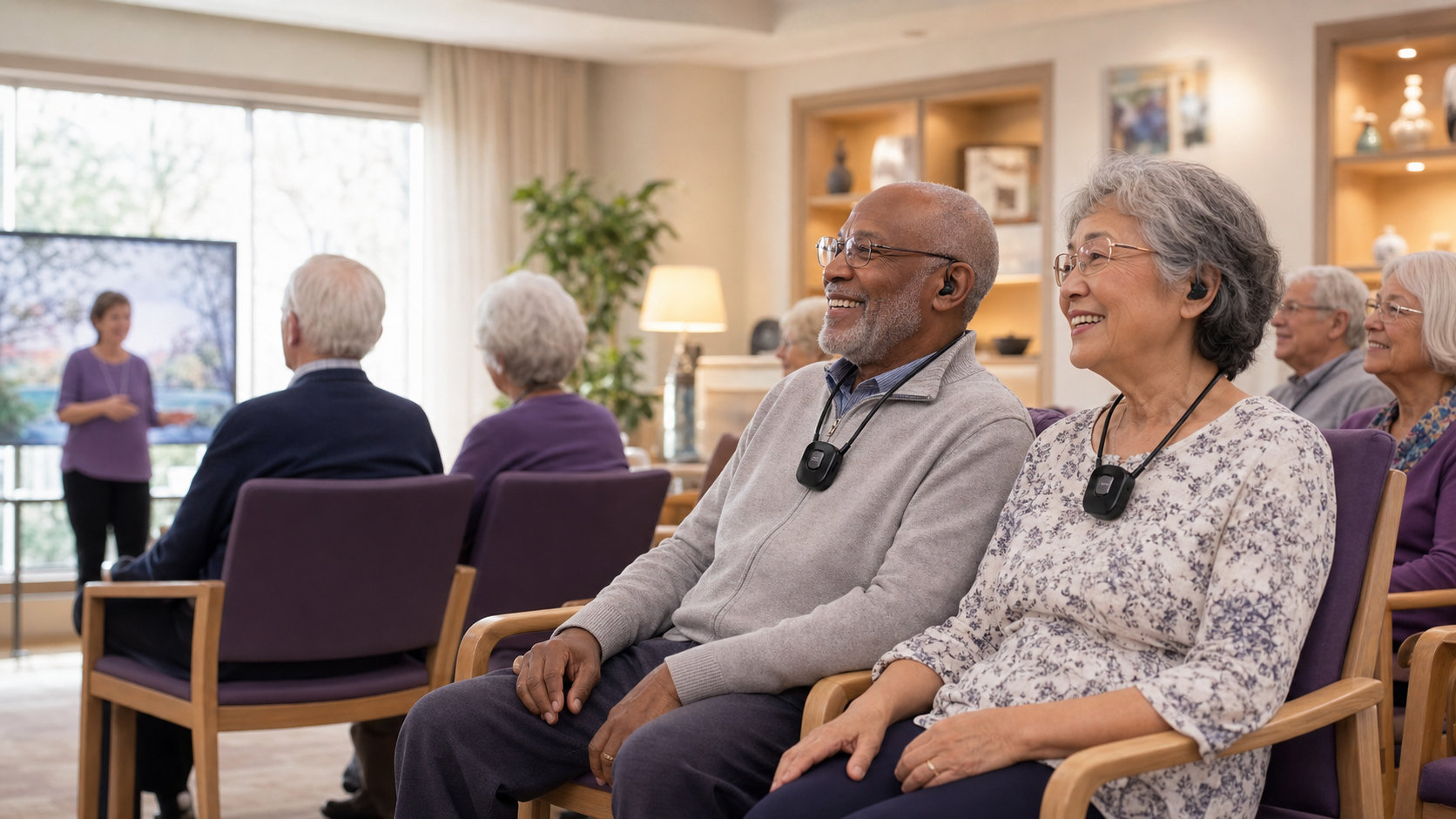 Older adults joining a group activity in a senior living community