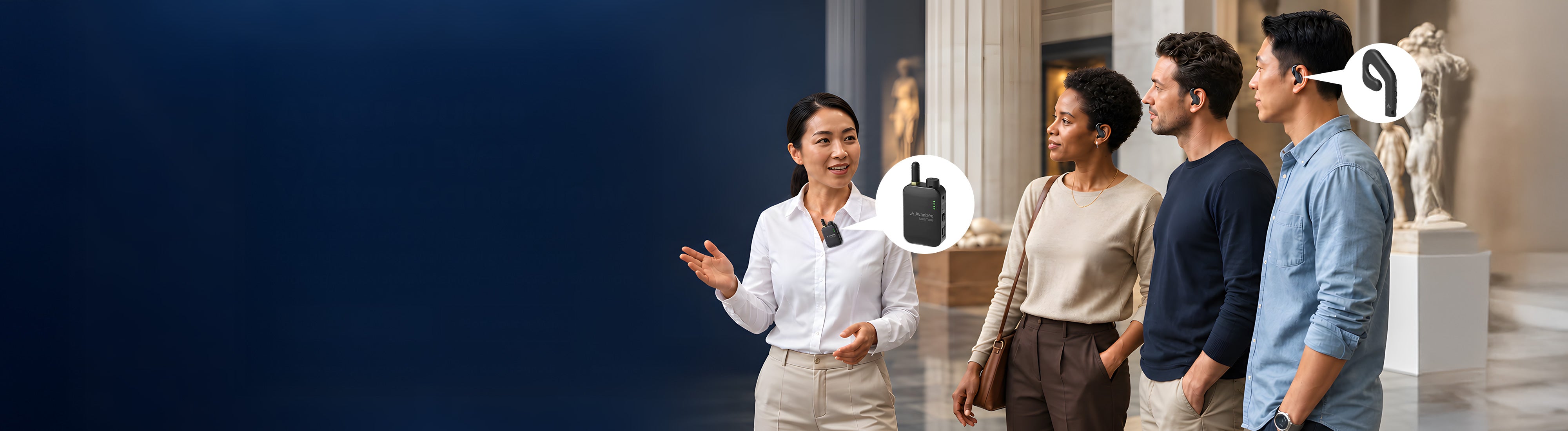 A museum guide using an AudiTour transmitter while visitors listen with open-ear receivers