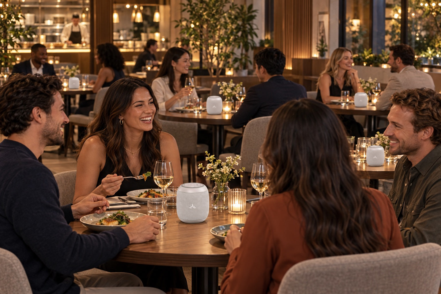 Compact Harmony A0 speakers providing ambient sound at restaurant tables
