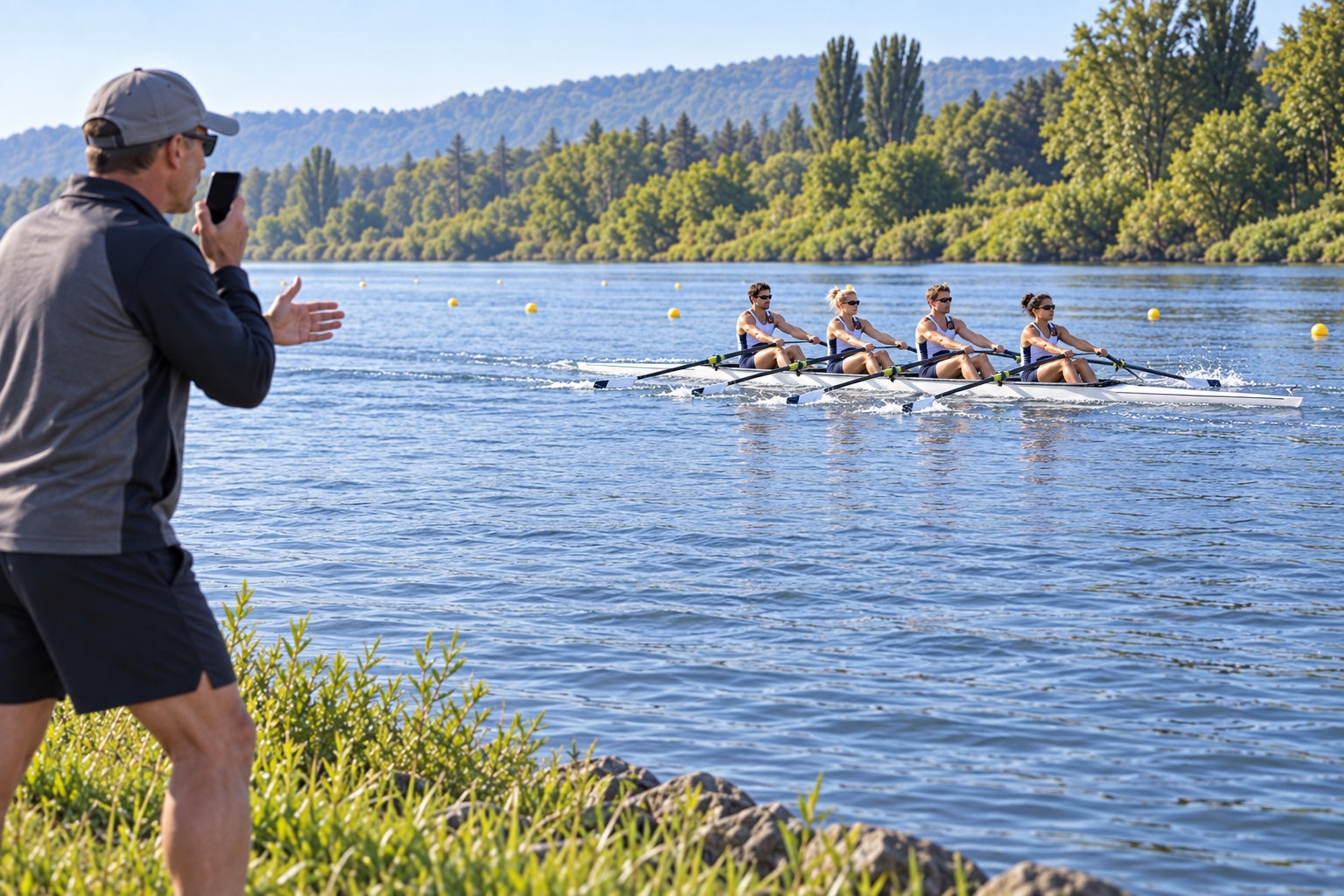 Rowing coach giving instructions by phone to a distant crew on the water