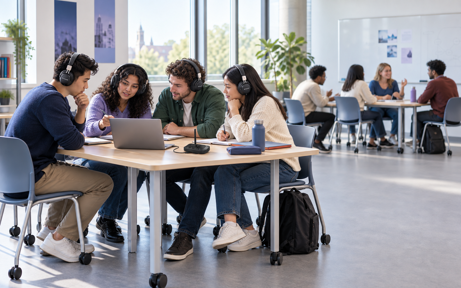 Four students using Quartet 2 headphones and a tabletop transmitter in a multi-group classroom