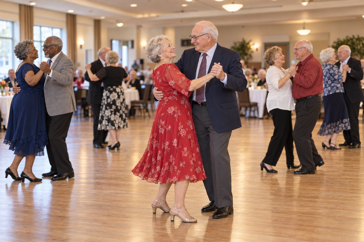 Older adult couples dancing together at a senior dance club