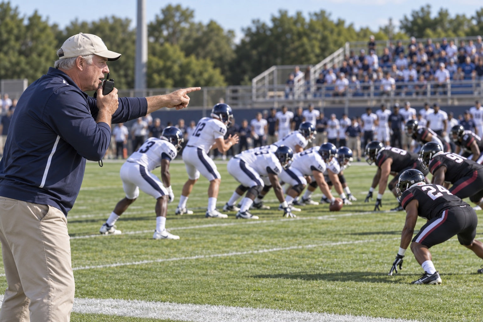 Football coach giving sideline instructions during a game