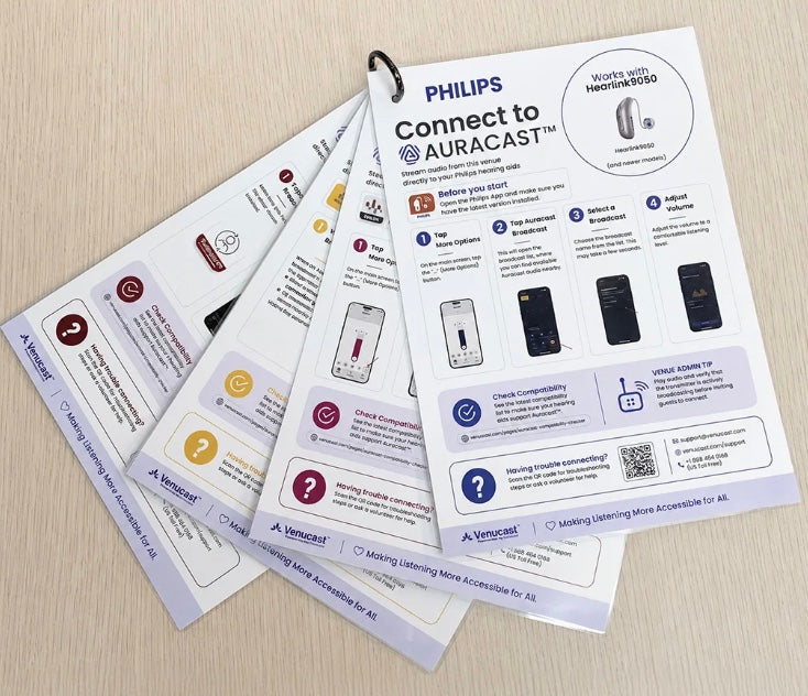 Printed VenuCast hearing aid connection guides for multiple brands