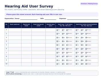 First page of the venue hearing aid model survey