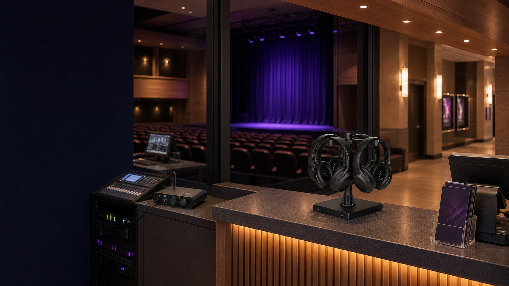 Theater AV transmitter and optional loan headphones at a guest service counter